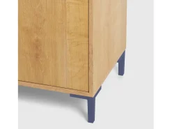 Armário de 2 portas cor carvalho e detalhes em azul.