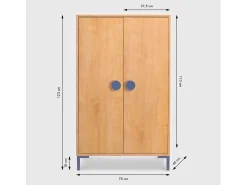 Armário de 2 portas cor carvalho e detalhes em azul.
