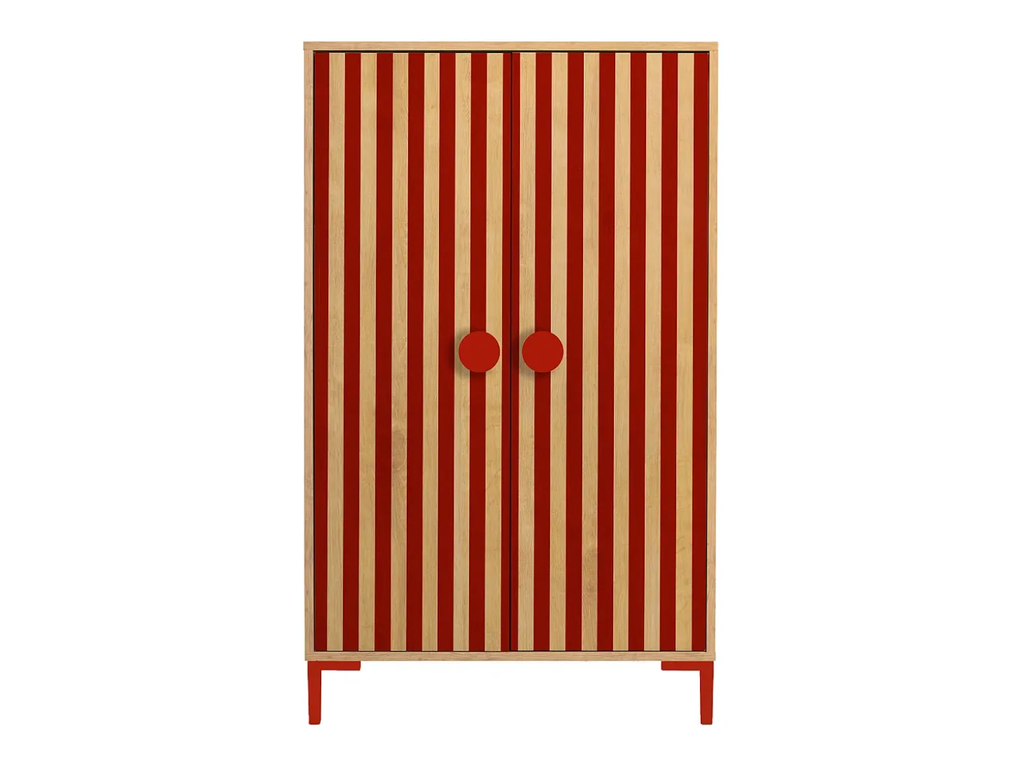 Armário de 2 portas cor carvalho e listras vermelhas.