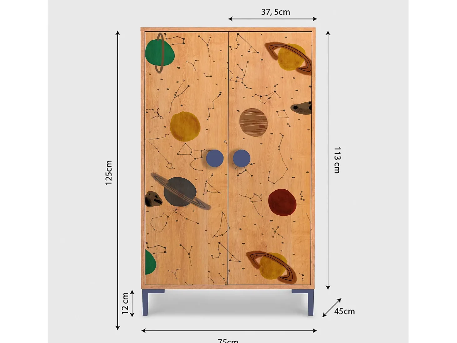 Armário de 2 portas cor carvalho com estampa de espaço