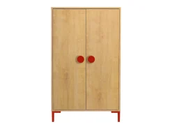 Armário de 2 portas cor carvalho e detalhes em vermelho.