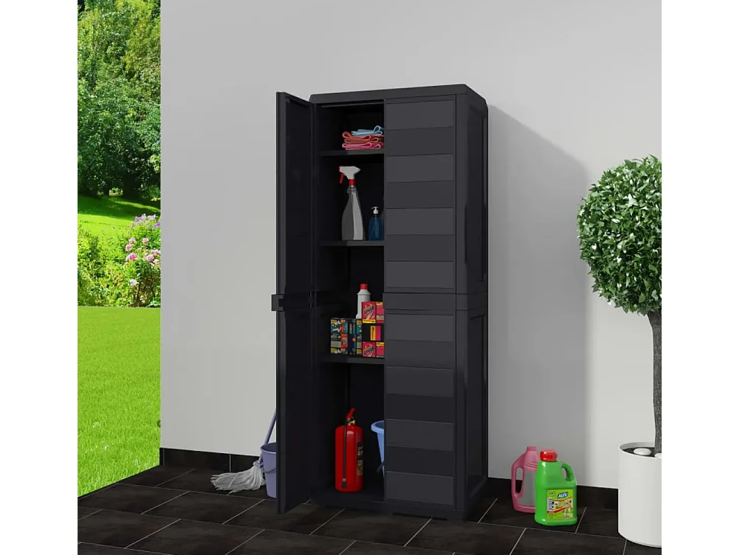 Armário de arrumação para jardim com 3 prateleiras preto