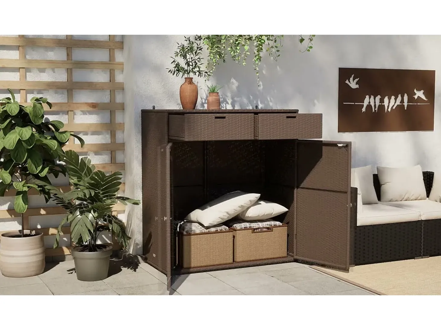 Armário de arrumação para jardim 55x55x111 cm vime PE cinzento