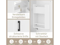 Armário de banheiro - 48 x 33 x 83 cm - com 1 porta + prateleiras + pia de cerâmica integrada - Cerâmica + MDF - Branco