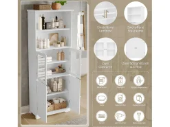 Armário de banheiro - 57,5 ​​x 28,5 x 160 cm - com 2 portas de vidro + 2 portas de madeira + 2 espaços de armazenamento abertos - MDF - Branco