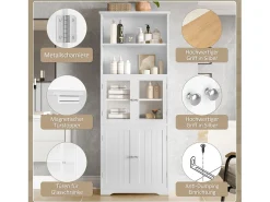 Armário de banheiro - 57,5 ​​x 28,5 x 160 cm - com 2 portas de vidro + 2 portas de madeira + 2 espaços de armazenamento abertos - MDF - Branco