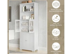 Armário de banheiro - 57,5 ​​x 28,5 x 160 cm - com 2 portas de vidro + 2 portas de madeira + 2 espaços de armazenamento abertos - MDF - Branco