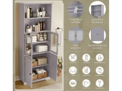 Armário de banheiro - 57,5 ​​x 28,5 x 160 cm - com 2 portas de vidro + 2 portas de madeira + 2 espaços de armazenamento abertos - MDF - Cinza