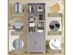 Armário de banheiro - 57,5 ​​x 28,5 x 160 cm - com 2 portas de vidro + 2 portas de madeira + 2 espaços de armazenamento abertos - MDF - Cinza