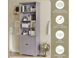 Armário de banheiro - 57,5 ​​x 28,5 x 160 cm - com 2 portas de vidro + 2 portas de madeira + 2 espaços de armazenamento abertos - MDF - Cinza
