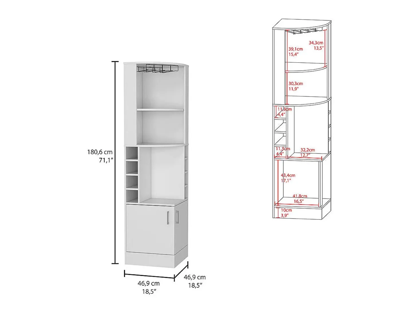 Armário de bar de canto Syrah, com suporte para copos, 180.59 cm X 46.73 cm X 46.73 cm , Branco