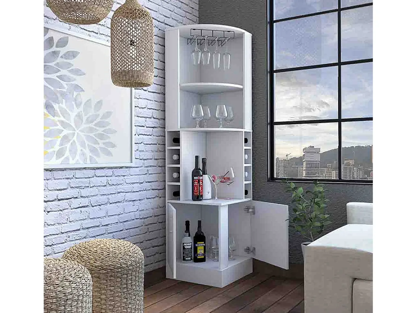 Armário de bar de canto Syrah, com suporte para copos, 180.59 cm X 46.73 cm X 46.73 cm , Branco