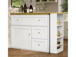 Armário de bar extensível - 138-204 x 39 x 105 cm - com prateleira para lanches + 2 gavetas + 2 portas - MDF + Metal - branco