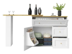 Armário de bar extensível - 138-204 x 39 x 105 cm - com prateleira para lanches + 2 gavetas + 2 portas - MDF + Metal - branco