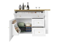 Armário de bar extensível - 138-204 x 39 x 105 cm - com prateleira para lanches + 2 gavetas + 2 portas - MDF + Metal - branco