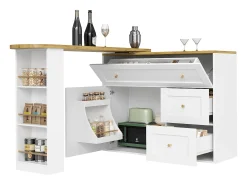 Armário de bar extensível - 138-204 x 39 x 105 cm - com prateleira para lanches + 2 gavetas + 2 portas - MDF + Metal - branco