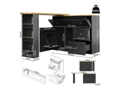 Armário de bar extensível - 138-204 x 39 x 105 cm - com prateleira para lanches + 2 gavetas + 2 portas - MDF + Metal - preto