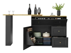Armário de bar extensível - 138-204 x 39 x 105 cm - com prateleira para lanches + 2 gavetas + 2 portas - MDF + Metal - preto
