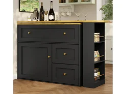 Armário de bar extensível - 138-204 x 39 x 105 cm - com prateleira para lanches + 2 gavetas + 2 portas - MDF + Metal - preto