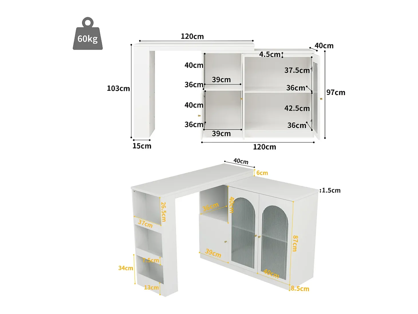 Armário de bar giratório - 3 portas e prateleiras de armazenamento - MDF madeira e vidro - para sala de jantar ou sala de estar - branco