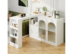 Armário de bar giratório - 3 portas e prateleiras de armazenamento - MDF madeira e vidro - para sala de jantar ou sala de estar - branco