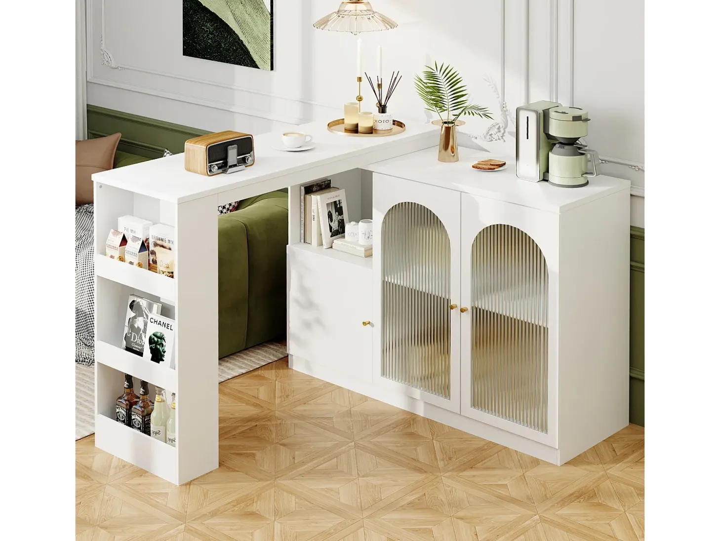 Armário de bar giratório - 3 portas e prateleiras de armazenamento - MDF madeira e vidro - para sala de jantar ou sala de estar - branco