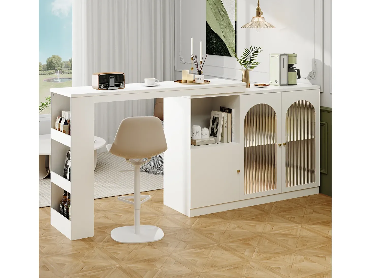 Armário de bar giratório - 3 portas e prateleiras de armazenamento - MDF madeira e vidro - para sala de jantar ou sala de estar - branco
