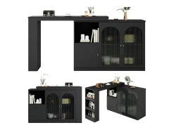 Armário de bar giratório - 3 portas e prateleiras de armazenamento - MDF, madeira e vidro - para sala de jantar ou sala de estar - preto