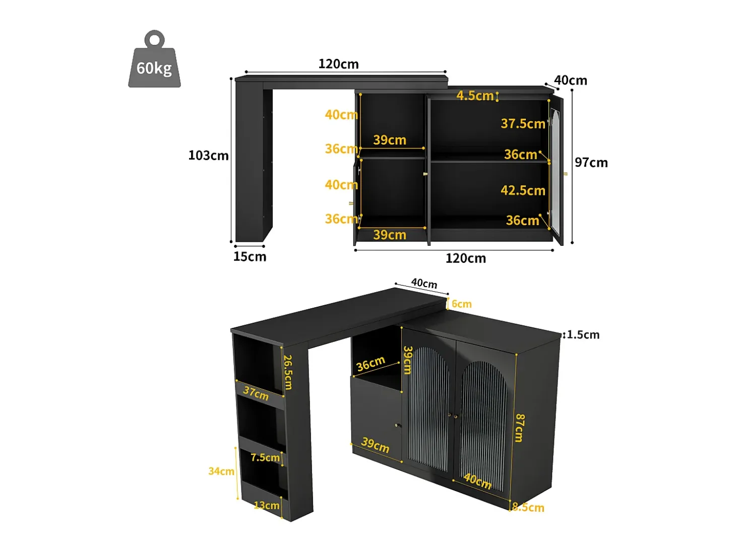 Armário de bar giratório - 3 portas e prateleiras de armazenamento - MDF, madeira e vidro - para sala de jantar ou sala de estar - preto