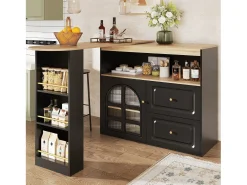 Armário de bar giratório - 204 x 39 x 104 cm - com 2 gavetas + 1 porta + 3 prateleiras para lanches - MDF - preto