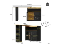 Armário de bar giratório - 204 x 39 x 104 cm - com 2 gavetas + 1 porta + 3 prateleiras para lanches - MDF - preto