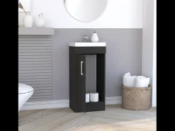 Armário de casa de banho com lavatório Madrid, com armário de arrumação, 88 cm X 40 cm X 33 cm , Preto