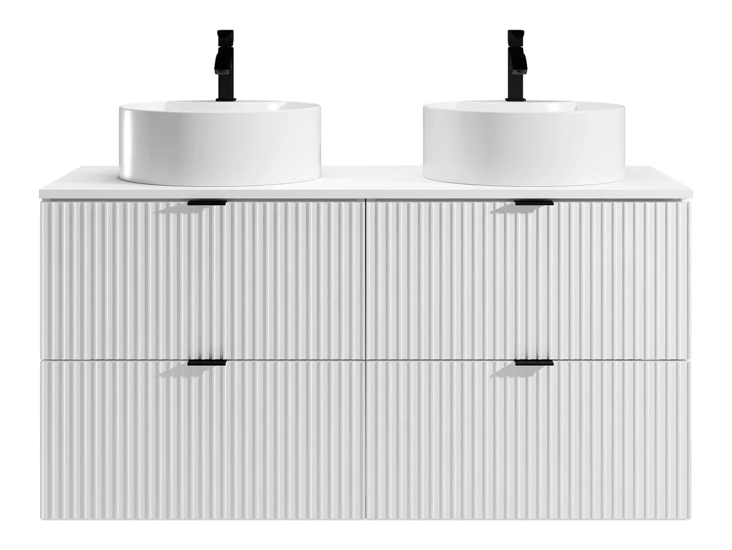 Armário de casa de banho estriado com lavatório de pousar redondo, branco mate, 120 cm, ZEVINI
