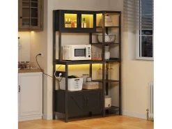Armário de cozinha/prateleira - 115 x 40 x 180 cm - com tomada + LEDs + 4 portas - prateleira de bar - MDF - preto