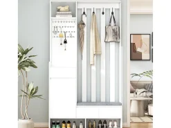 Armário de entrada multifuncional - com bengaleiro e banco para guardar sapatos - MDF - Branco
