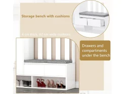 Armário de entrada multifuncional - com bengaleiro e banco para guardar sapatos - MDF - Branco