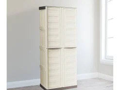 Armário de exterior Dbattitin, Armário de varanda multiuo, Armário de exterior de 2 porta, 100% Made in Italy, Bege e Catanho, Acabamento em litra, 70x39h165 cm