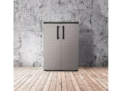 Armário de exterior Dbirindell, Armário de varanda multiusO, Armário exterior 2 portas, 100% Made in Italy, 68x37h90 cm, Cinza claro e preto, Acabamento em listras