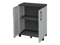 Armário de exterior Dbirindell, Armário de varanda multiusO, Armário exterior 2 portas, 100% Made in Italy, 68x37h90 cm, Cinza claro e preto, Acabamento em listras