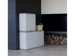 Armário de exterior em titânio com 2 portas bege, 4 prateleiras reguláveis, resina 70x176x41 cm