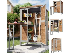Armário de jardim com bancada dobrável - 86 x 51,8 x 160 cm - com prateleiras e ganchos - metal e madeira - cor natural