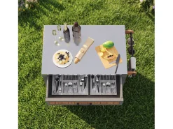 Armário de jardim com rodízios - 80 x 51 x 91,5 cm - com bancada + gavetas + prateleira - madeira - natural