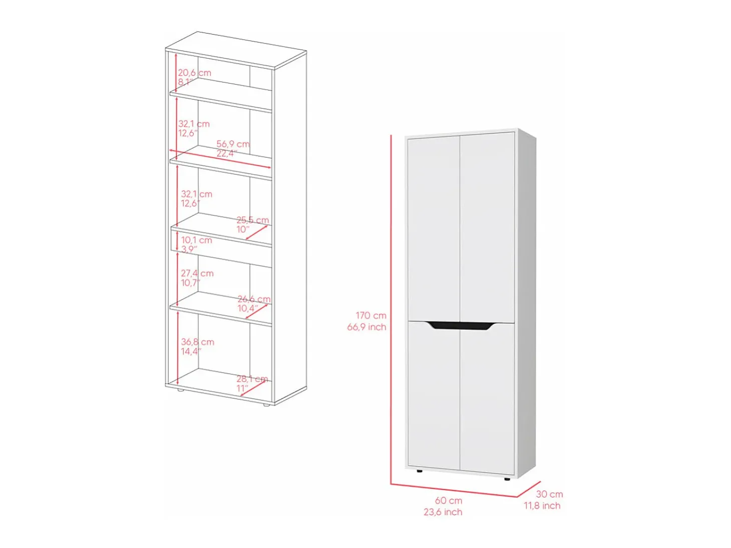 Armário de melamina Herring com 4 portas e 5 prateleiras, branco , 170 cm X 60 cm X 30 cm