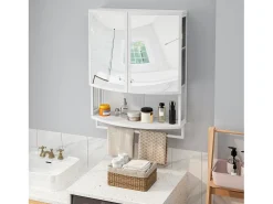 Armário de parede com 2 portas curvas espelhadas e porta-toalhas, metal, 60 × 22,5 × 80 cm, branco