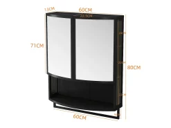 Armário de parede com 2 portas curvas espelhadas e porta-toalhas, metal, 60 × 22,5 × 80 cm, preto