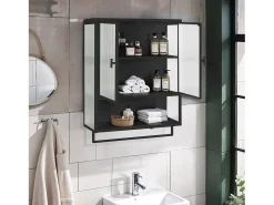 Armário de parede em estilo retrô com portas de vidro e prateleiras removíveis, ideal para salas de jantar e salas de estar, na cor preta.
