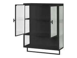 Armário de parede em estilo retrô com portas de vidro e prateleiras removíveis, ideal para salas de jantar e salas de estar, na cor preta.