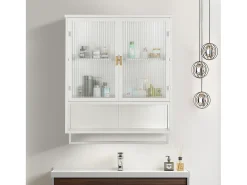 Armário de parede em estilo retrô com portas de vidro e prateleiras removíveis, ideal para salas de jantar e salas de estar, na cor branca.