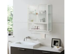 Armário de parede em estilo retrô com portas de vidro e prateleiras removíveis, ideal para salas de jantar e salas de estar, na cor branca.
