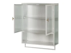 Armário de parede em estilo retrô com portas de vidro e prateleiras removíveis, ideal para salas de jantar e salas de estar, na cor branca.